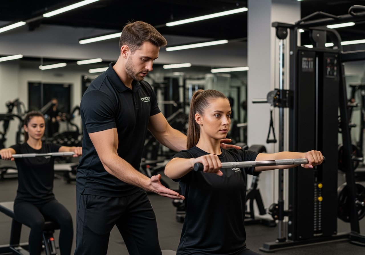 A private gym instructor demonstrating correct exercise form for a client during a training session - private gym instructor near me A private gym instructor demonstrating correct exercise form for a client during a training session - private gym instructor near me