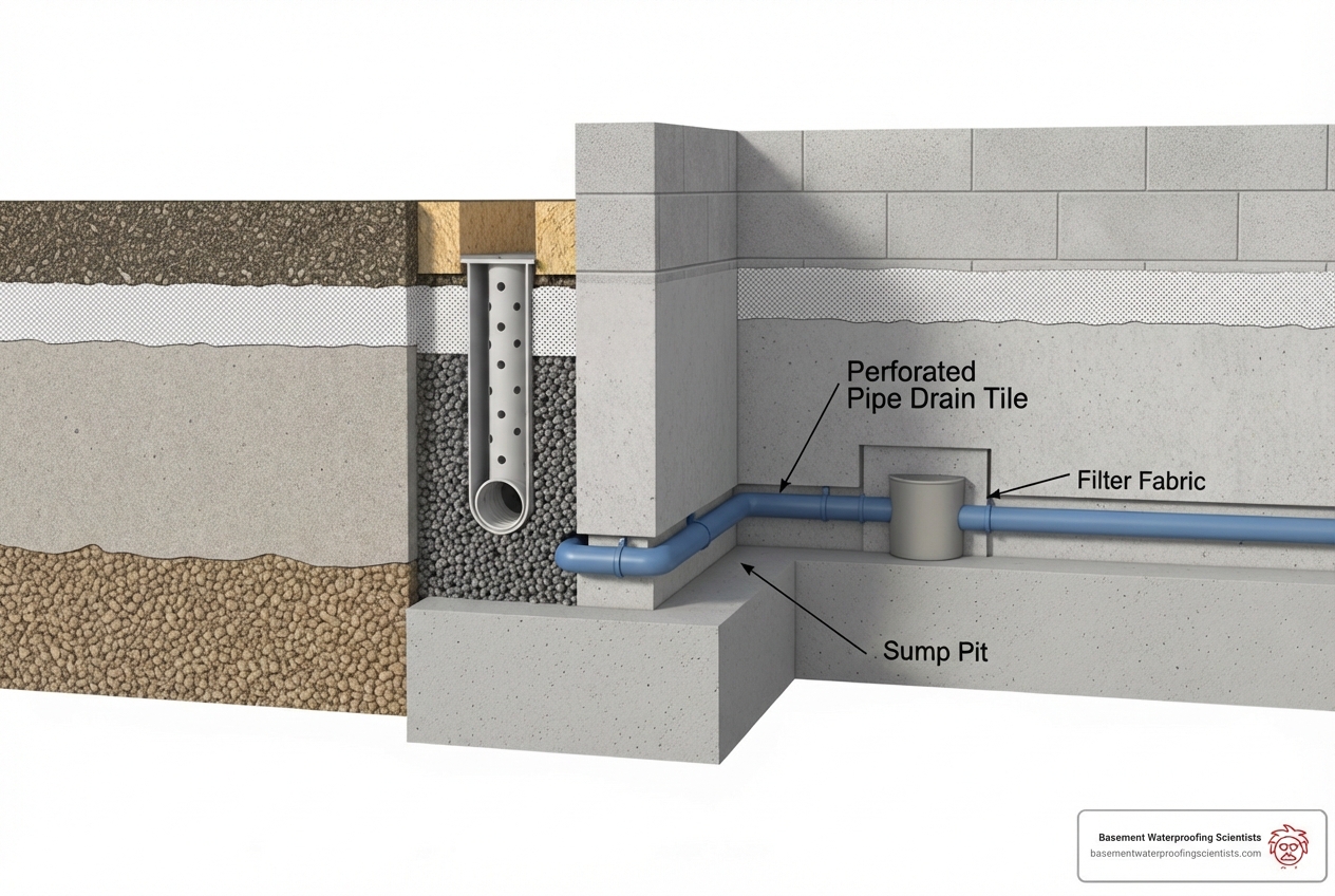 Illustration showing a cross-section of a foundation with drain tile placed on top of the footer, detailing the gravel, filter fabric, and connection to a sump pit - foundation drain tile