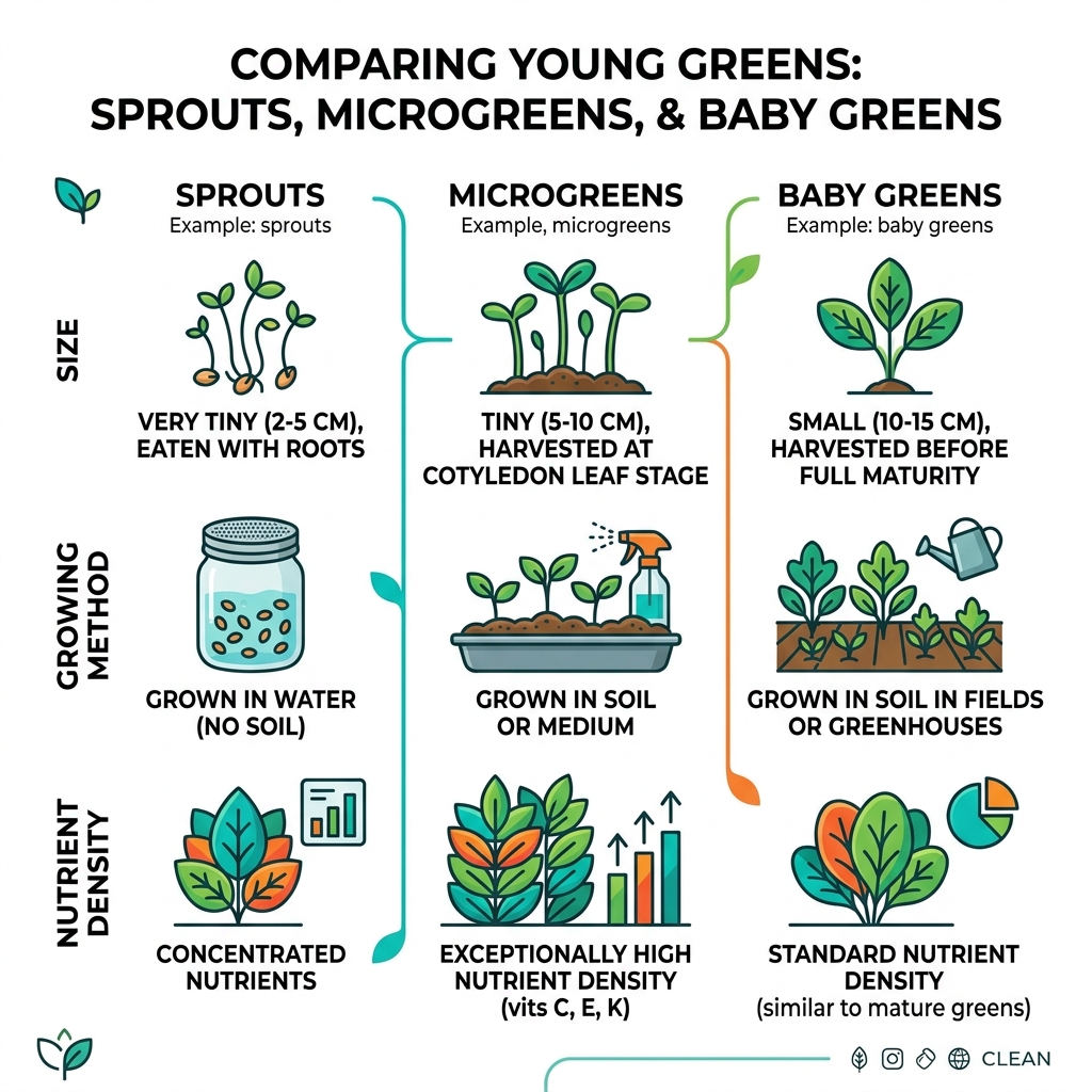 Infographic comparing sprouts, microgreens, and baby greens by size, growing method, and nutrient density - fresh