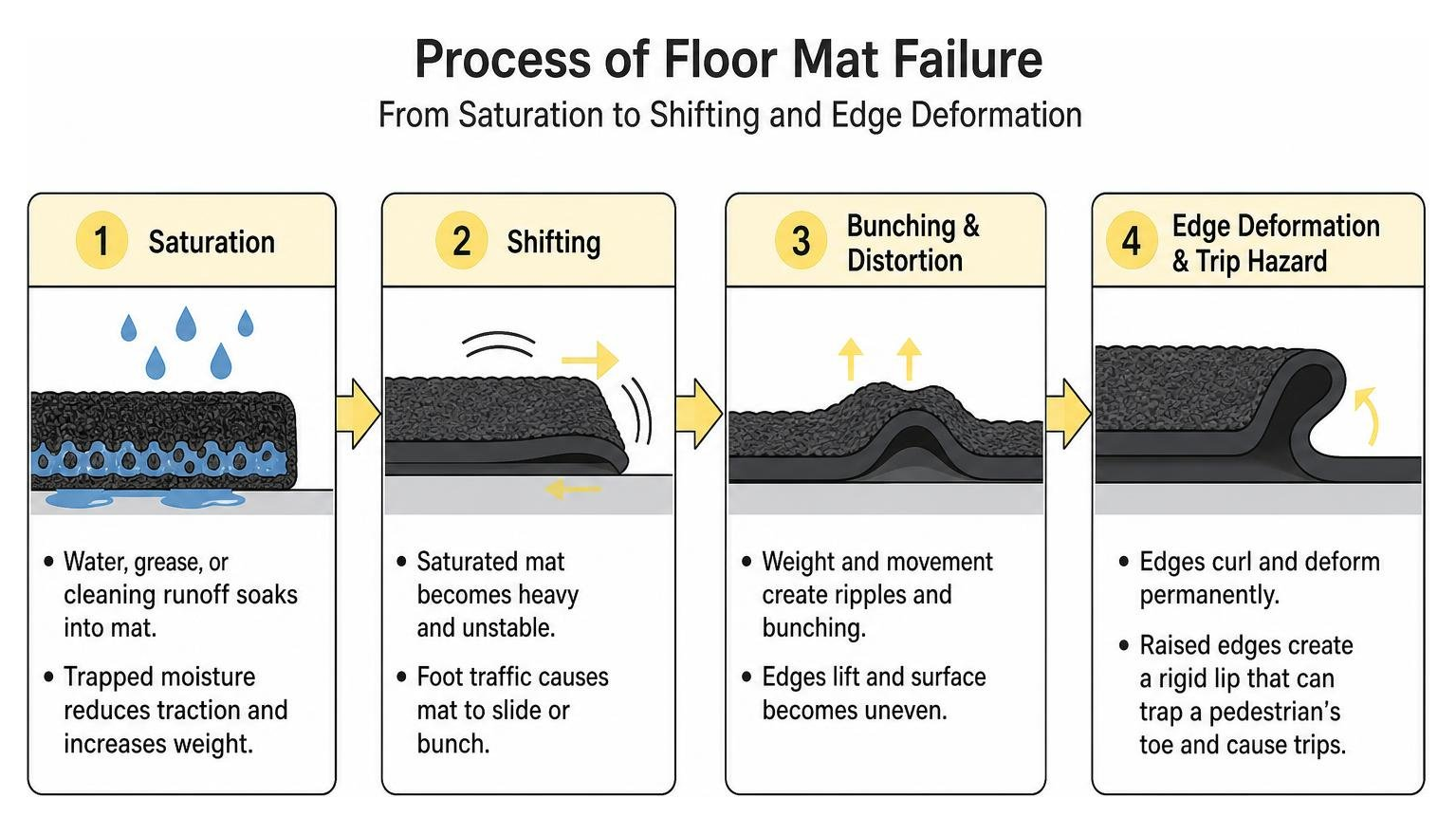 Process of floor mat failure from saturation to shifting and edge deformation