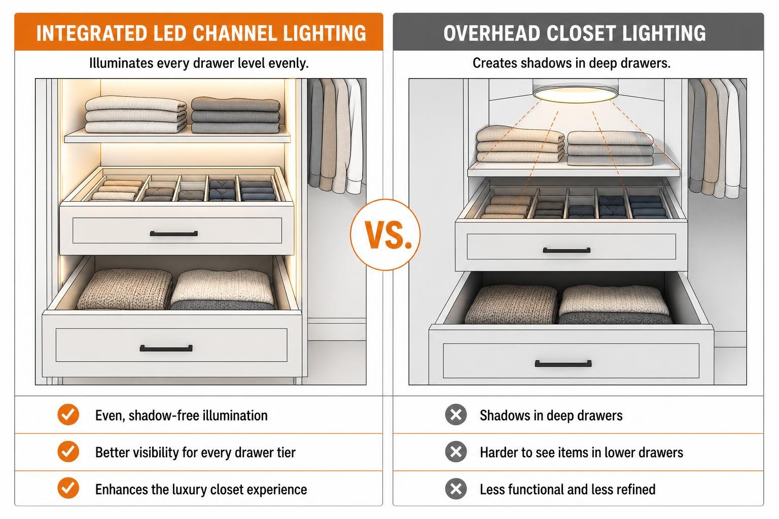 comparison of integrated LED channel lighting versus overhead closet lighting comparison of integrated LED channel lighting versus overhead closet lighting