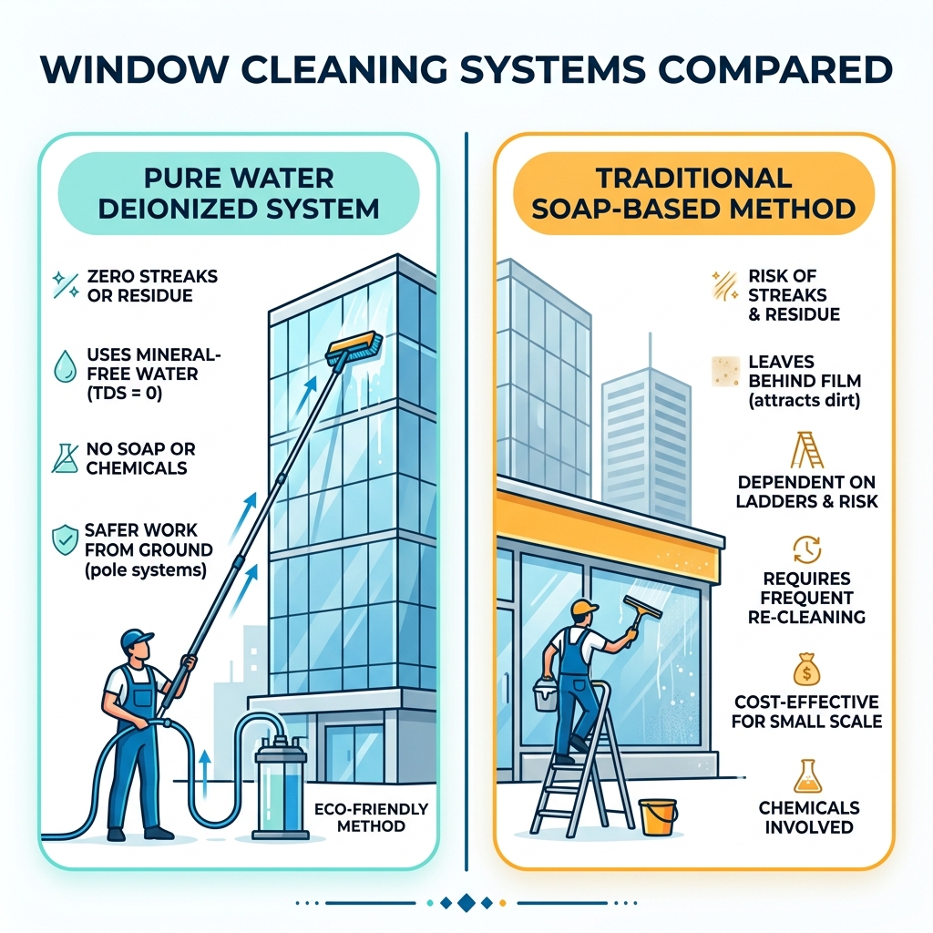 Infographic comparing pure water deionized cleaning vs traditional soap-based window cleaning methods - best commercial Infographic comparing pure water deionized cleaning vs traditional soap-based window cleaning methods - best commercial