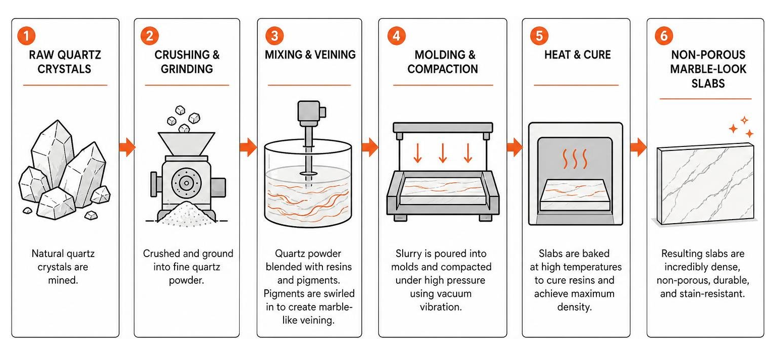 Process diagram showing how raw quartz crystals are transformed into non-porous marble-look slabs
