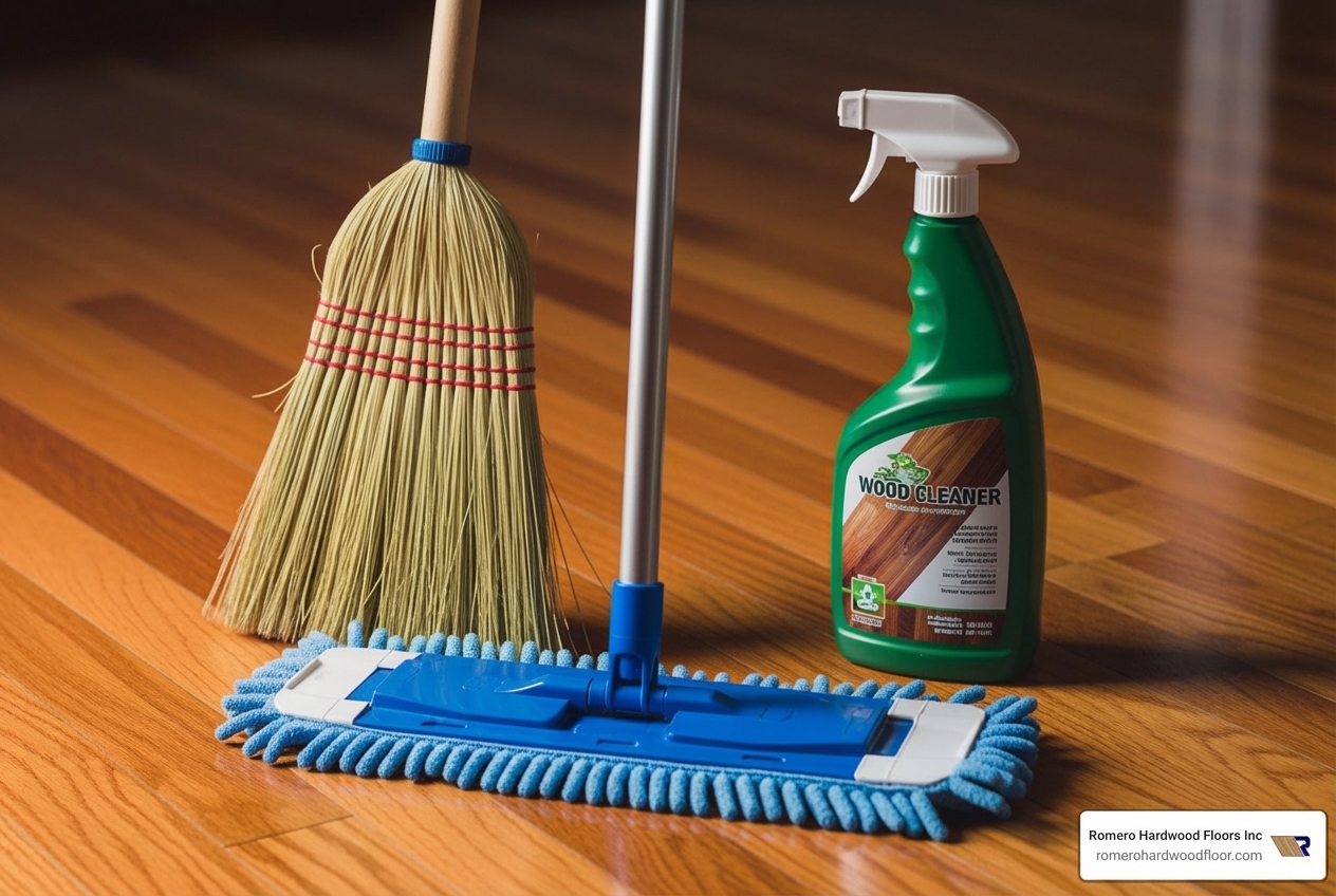 microfiber mop, a soft-bristle broom, and a bottle of wood-specific cleaner - can i use all purpose cleaner on wood floor