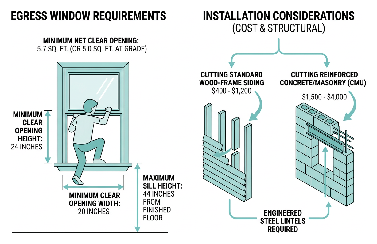 Diagram of bedroom egress window installation showing clear net opening dimensions and IRC standards