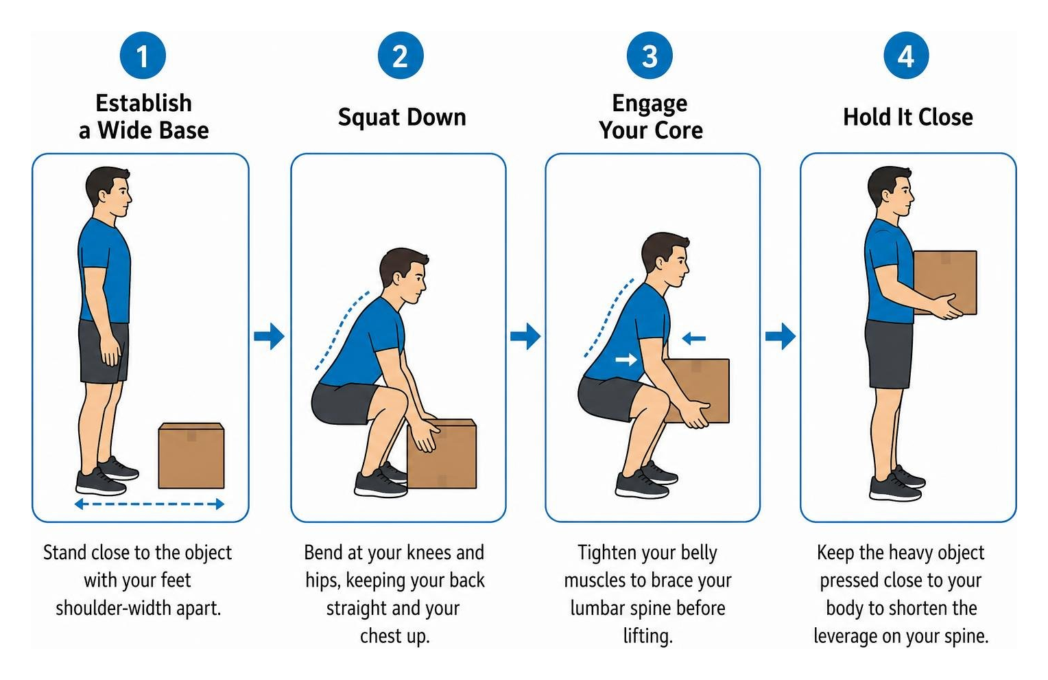 Step-by-step sequence of safe squat lifting biomechanics to protect the spine Step-by-step sequence of safe squat lifting biomechanics to protect the spine