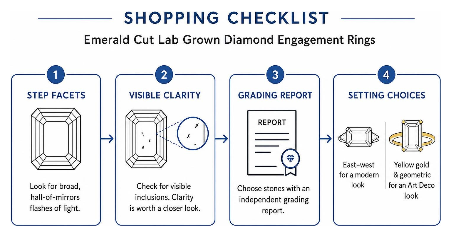 Shopping checklist showing emerald cut step facets, visible clarity, grading report, and setting choices