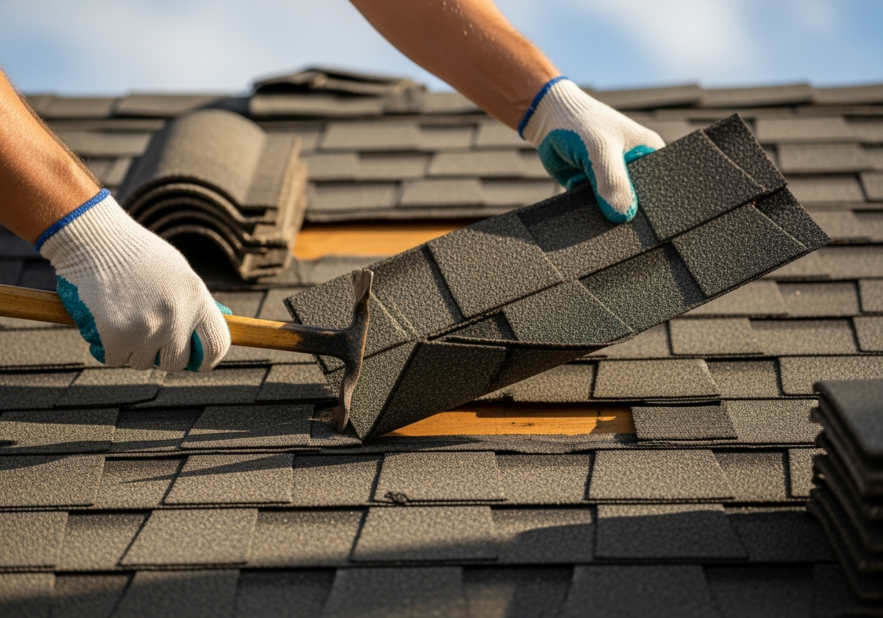 Step-by-step diagram illustrating how to replace a damaged asphalt shingle: 1. Lift overlying shingles, 2. Remove nails, 3. Slide out damaged shingle, 4. Insert new shingle, 5. Nail new shingle, 6. Seal tabs - asphalt shingle roof repair