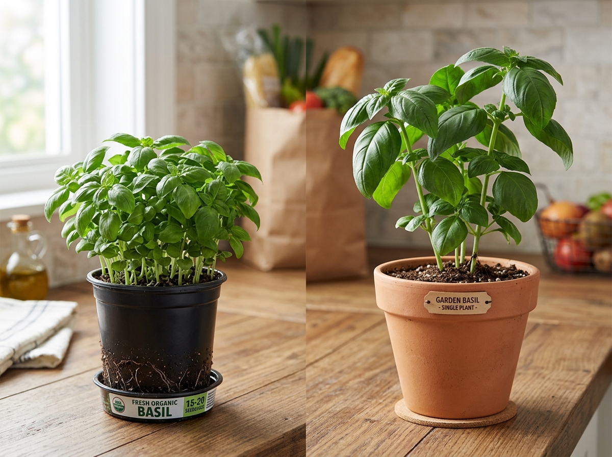 Comparing supermarket basil pots with garden center varieties - keep basil alive indoors Comparing supermarket basil pots with garden center varieties - keep basil alive indoors
