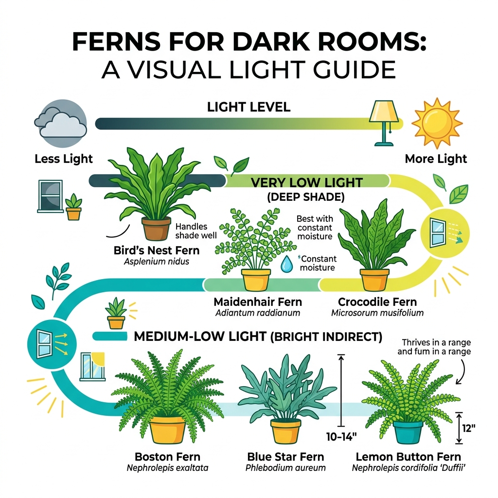infographic showing light levels and best fern varieties for low-light indoor rooms - ferns for dark rooms infographic 