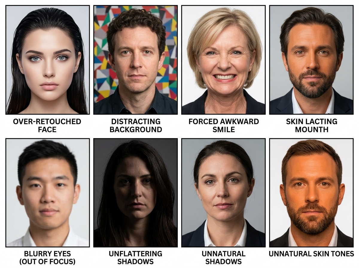A collage of conceptual "bad" headshot examples illustrating common mistakes (e.g., over-retouched face, distracting