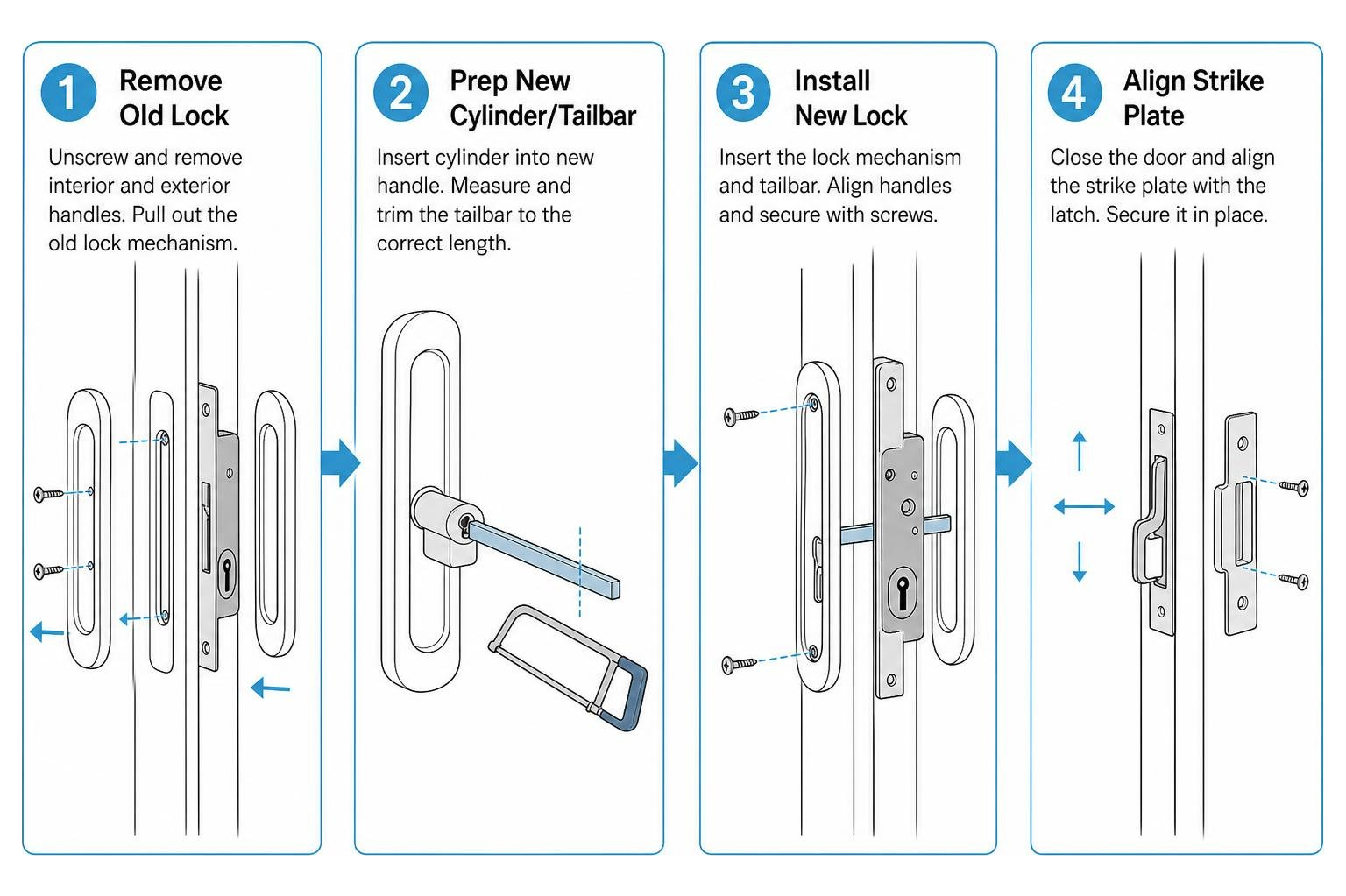 Step-by-step sequence of lock replacement: remove old lock, prep new cylinder/tailbar, install new lock, align strike plate