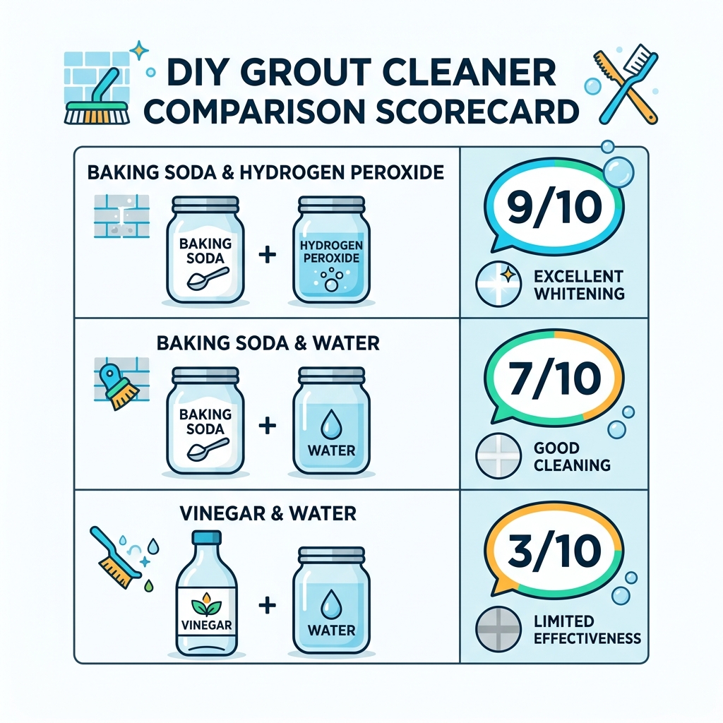 Table comparing DIY grout cleaners: Baking Soda/Peroxide (9/10), Baking Soda/Water (7/10), Vinegar/Water (3/10) - diy grout