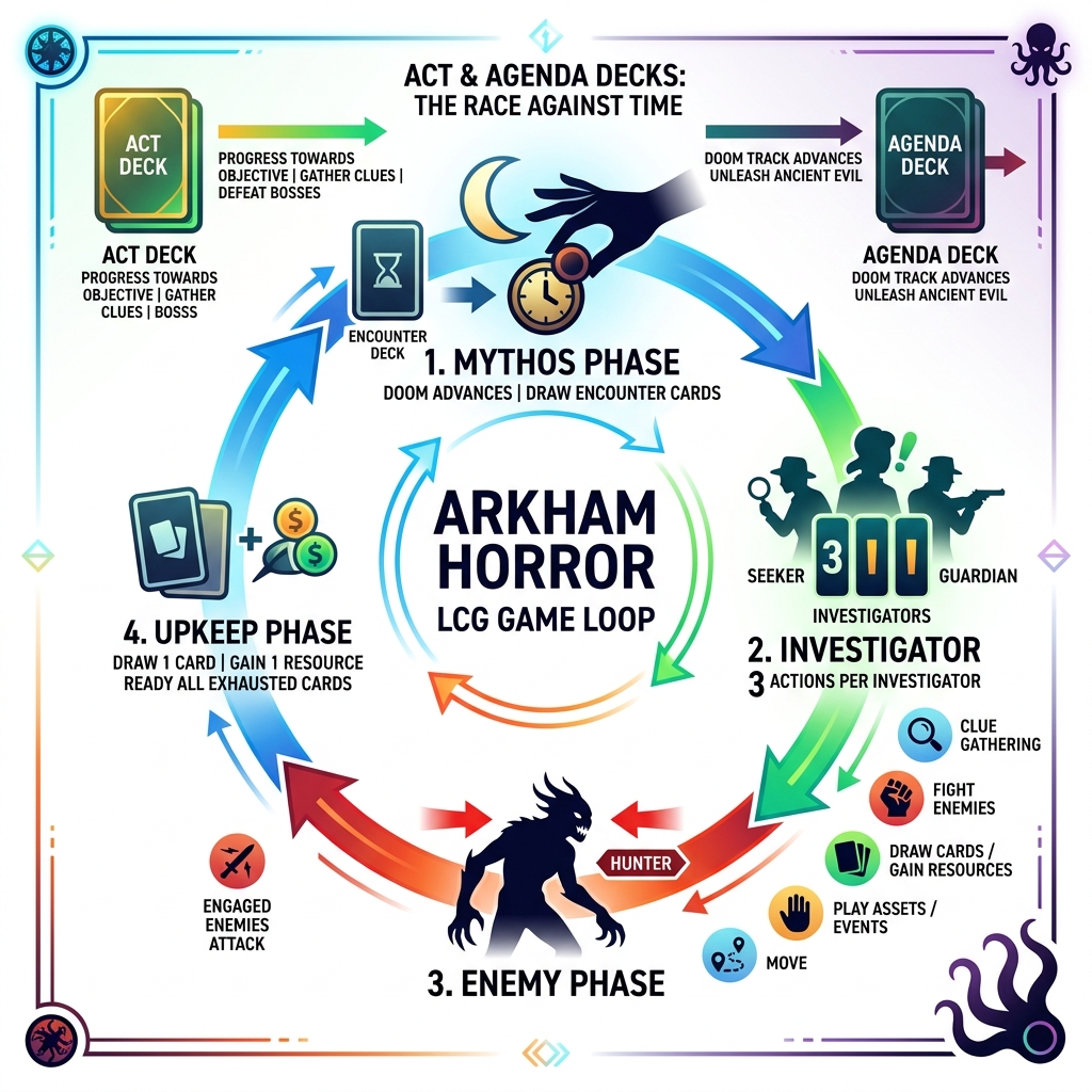 Arkham Horror LCG game loop infographic showing Act deck, Agenda deck, investigator actions, and Mythos phase cycle - arkham Arkham Horror LCG game loop infographic showing Act deck, Agenda deck, investigator actions, and Mythos phase cycle - arkham
