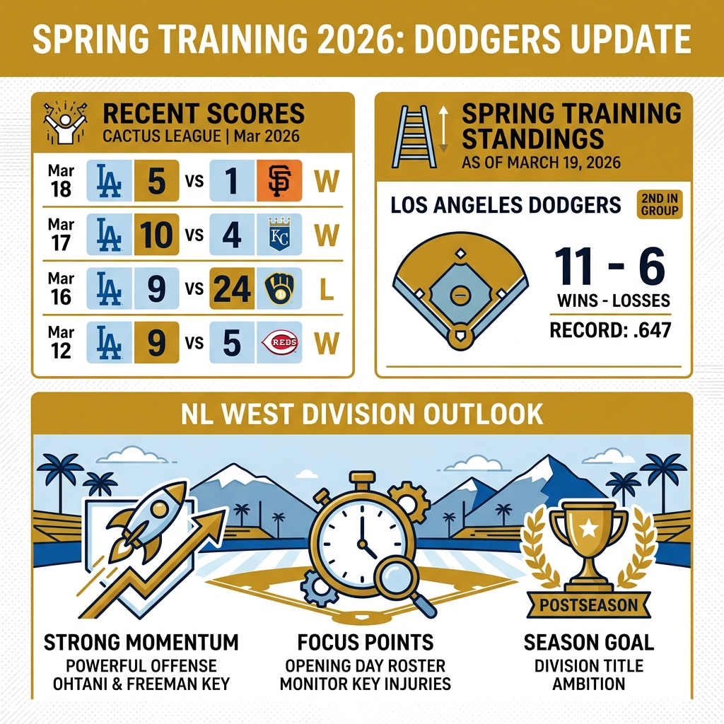 Spring Training 2026 Dodgers standings, recent scores, and NL West division outlook infographic - dodgers baseball score