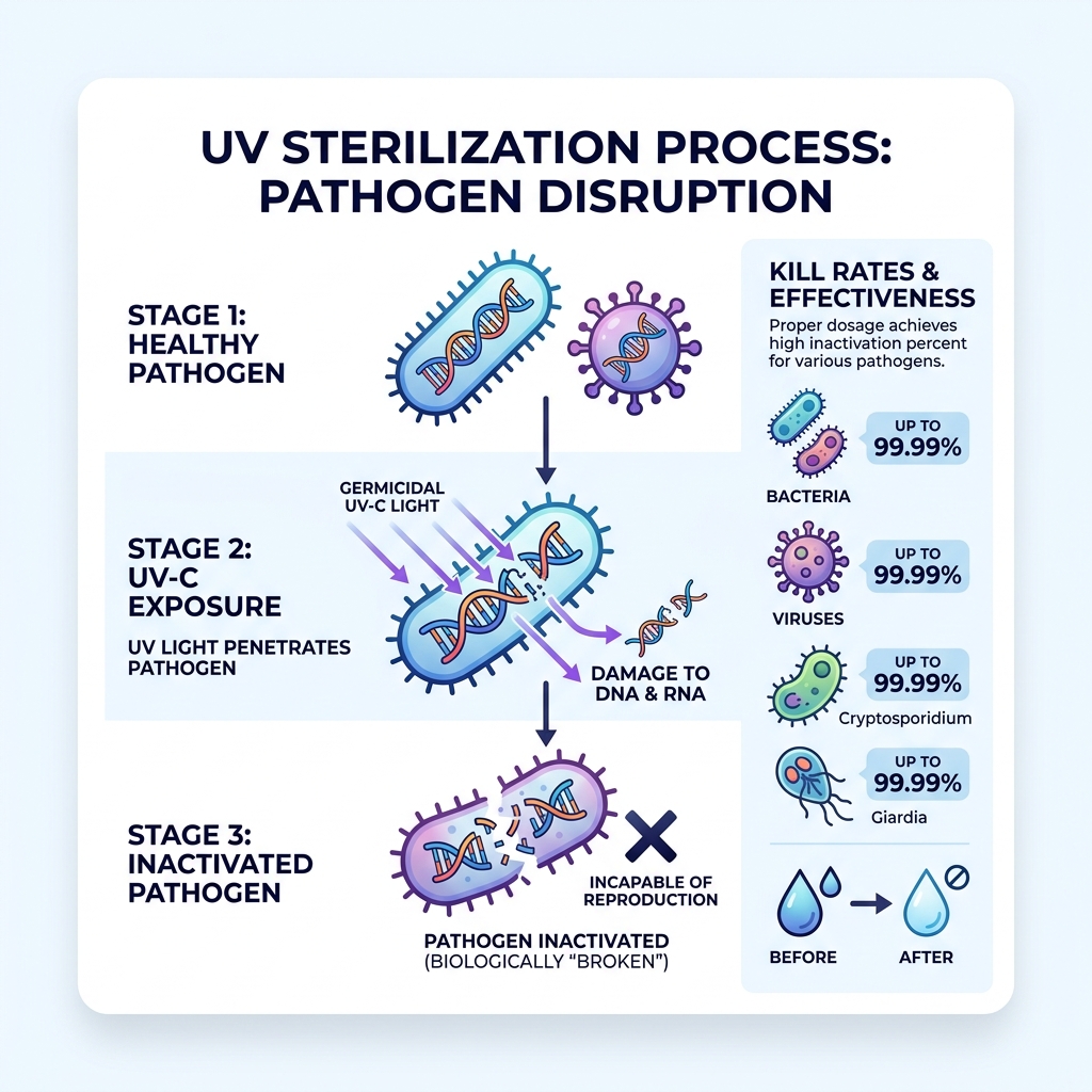 UV sterilization process infographic showing pathogen DNA disruption stages and kill rates - top uv water purifiers