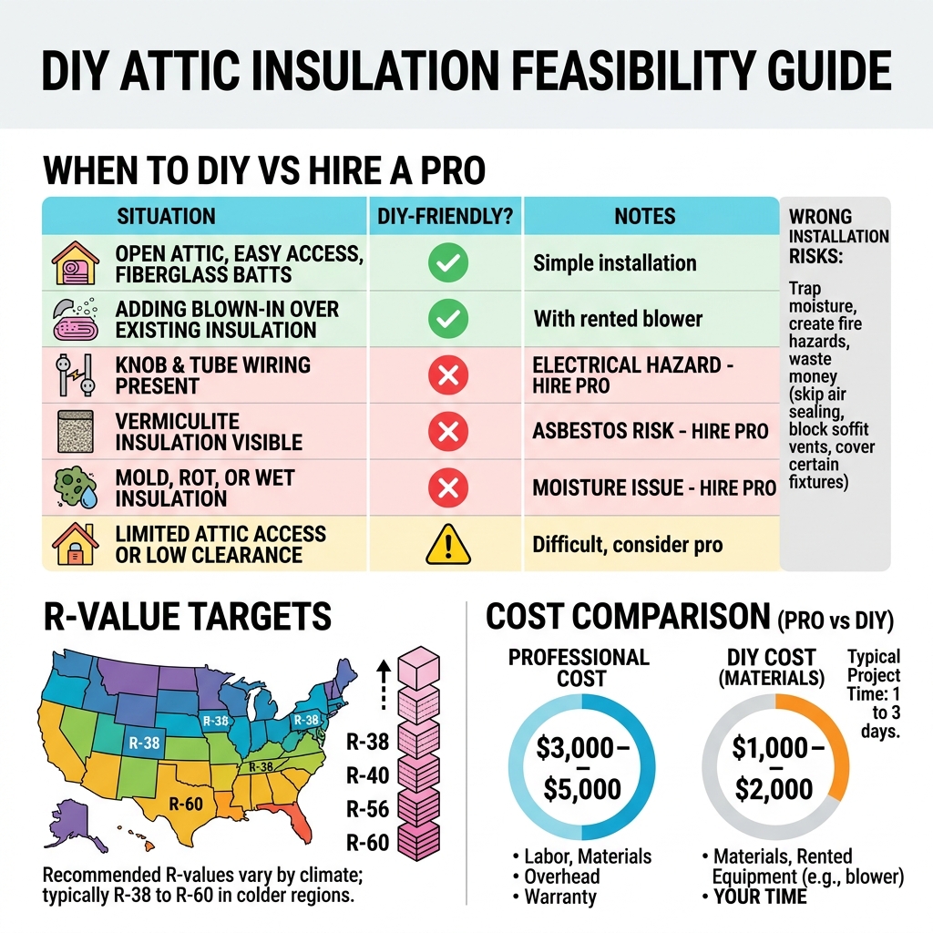DIY attic insulation feasibility infographic: when to DIY vs hire, R-value targets, cost comparison - can i add insulation