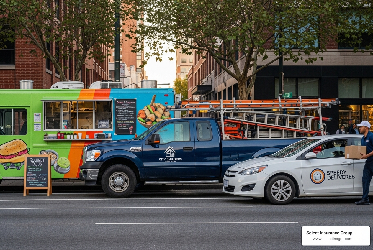 Diverse commercial vehicles: food truck, contractor pickup, delivery car - commercial auto insurance north carolina Diverse commercial vehicles: food truck, contractor pickup, delivery car - commercial auto insurance north carolina