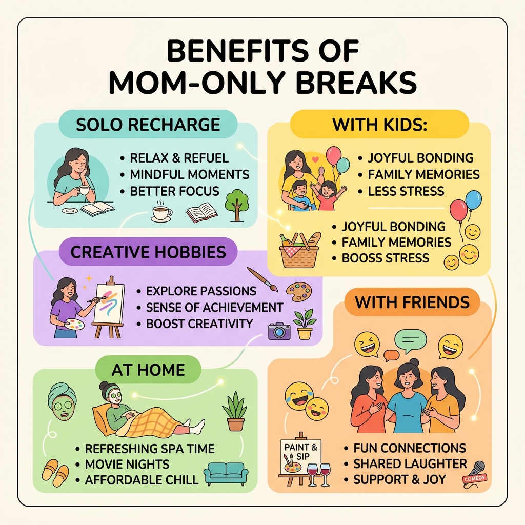 benefits of mom-only breaks infographic with categories: solo, with kids, creative hobbies, at-home, with friends - fun