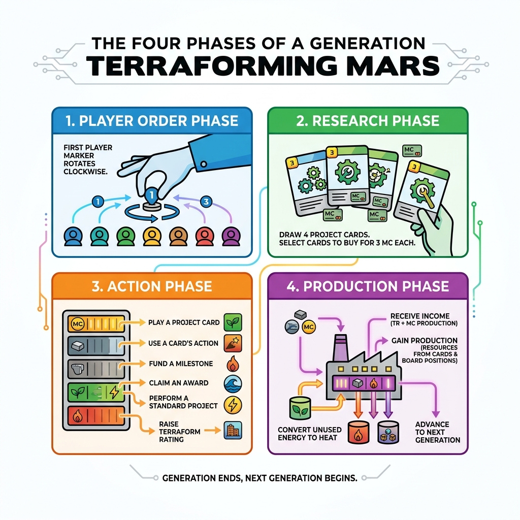 Infographic showing the four phases of a Terraforming Mars generation: Player Order, Research, Action, and Production