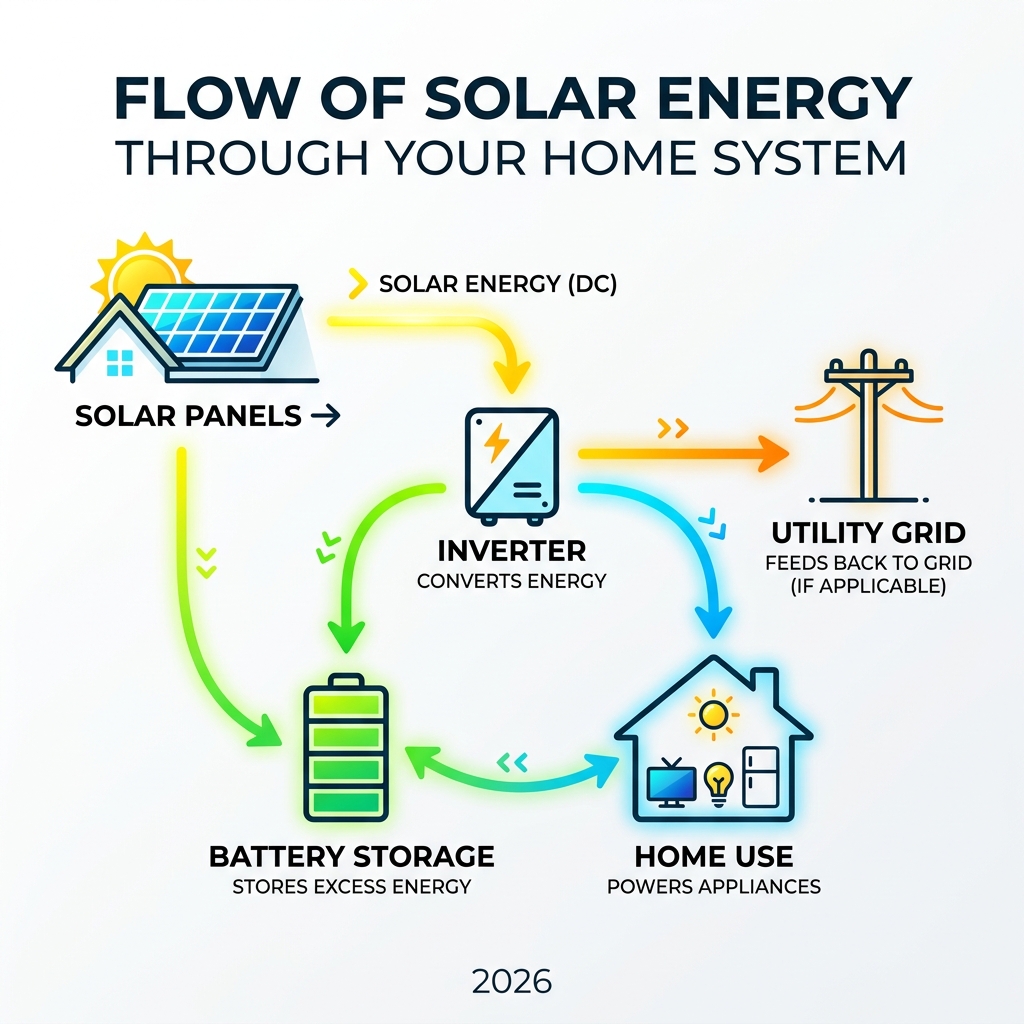 Flow of energy from solar panels through inverter to battery storage and home use - adding a battery to solar system Flow of energy from solar panels through inverter to battery storage and home use - adding a battery to solar system