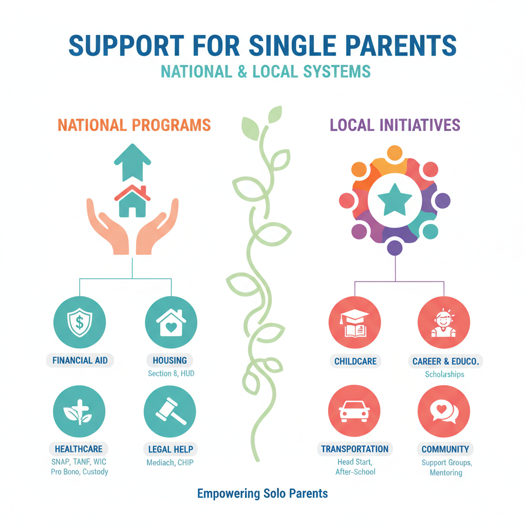 Overview infographic of national and local support systems for single parents - resources for single parents infographic 