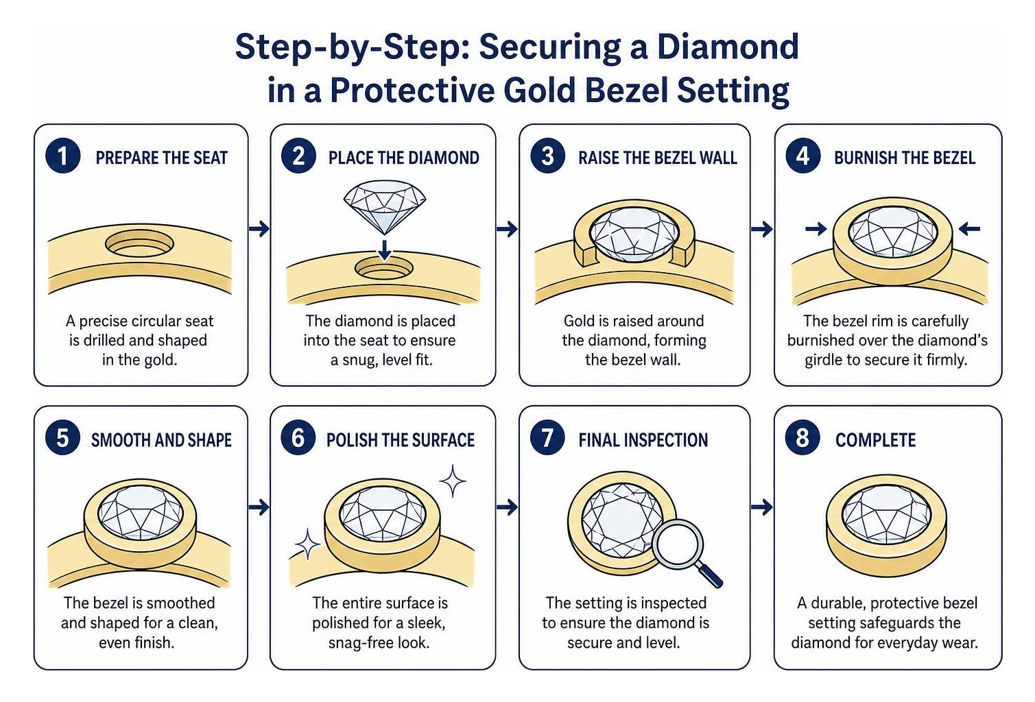 Step-by-step process of securing a diamond in a protective gold bezel setting Step-by-step process of securing a diamond in a protective gold bezel setting