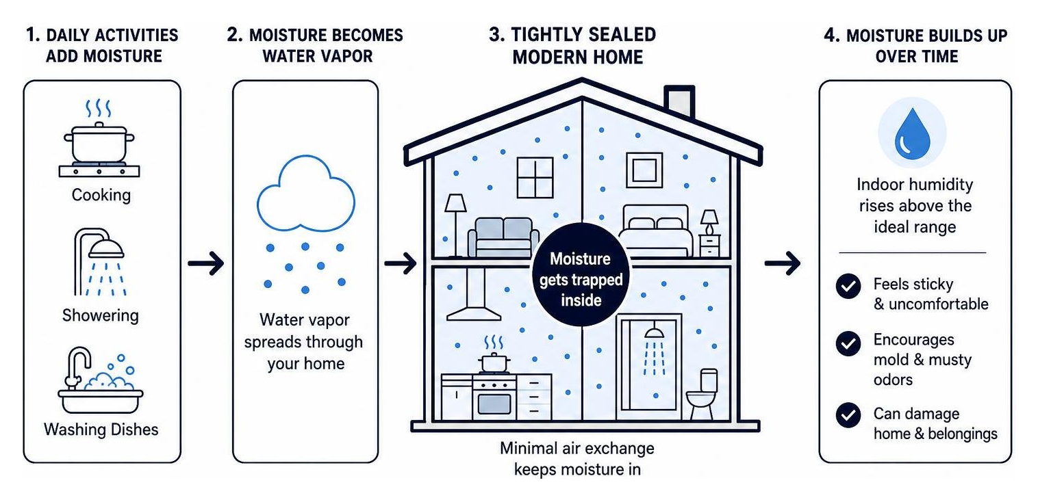 A diagram showing how tightly sealed modern homes trap indoor moisture from daily tasks like cooking and showering A diagram showing how tightly sealed modern homes trap indoor moisture from daily tasks like cooking and showering