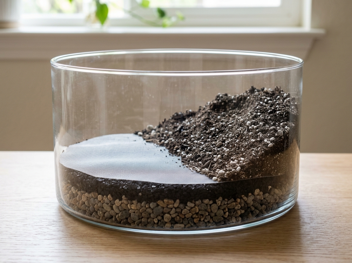 Step-by-step layering process in a glass bowl showing drainage, mesh, and soil - cactus terrarium diy
