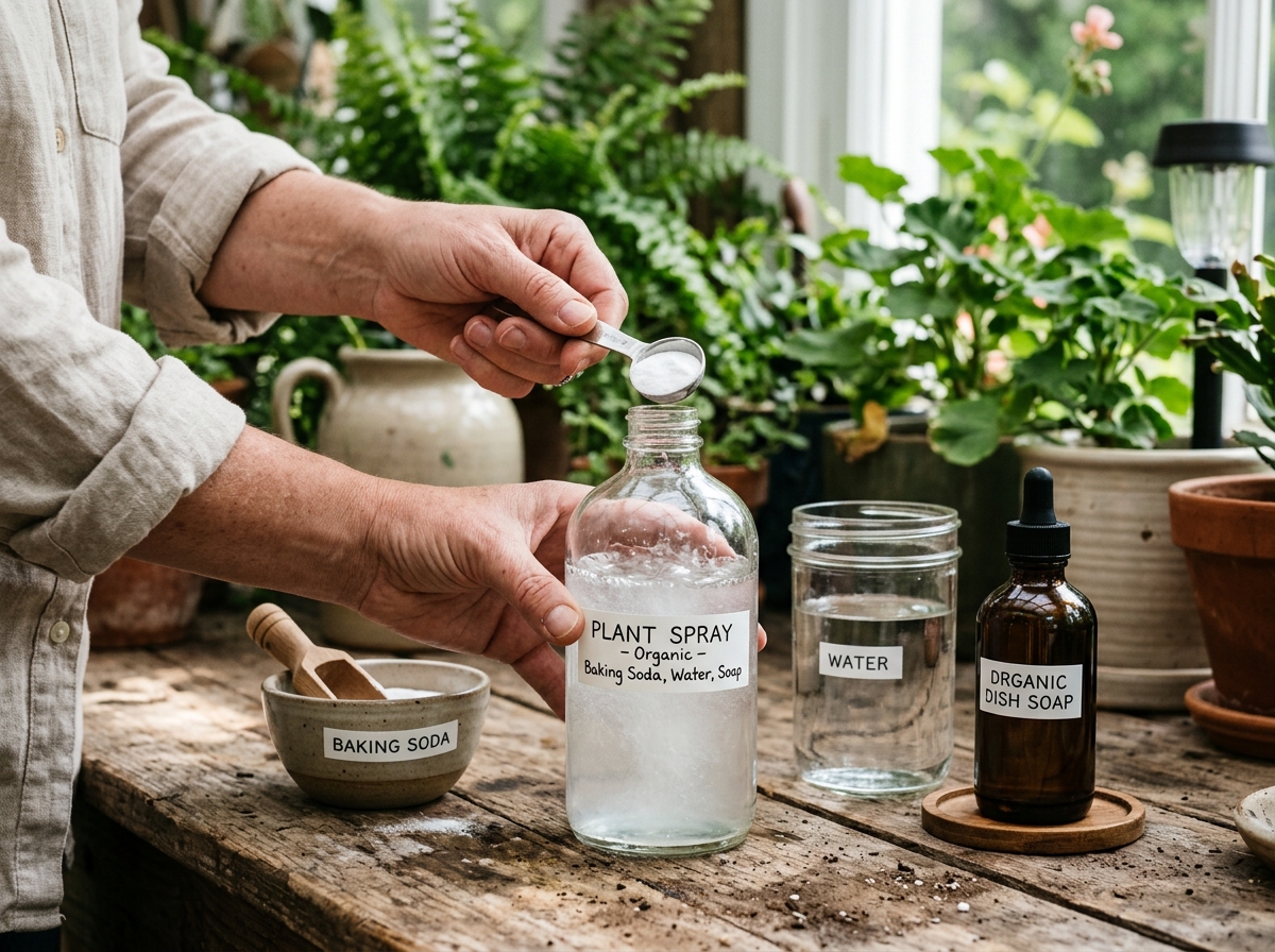 mixing a homemade organic solution - sage powdery mildew spray