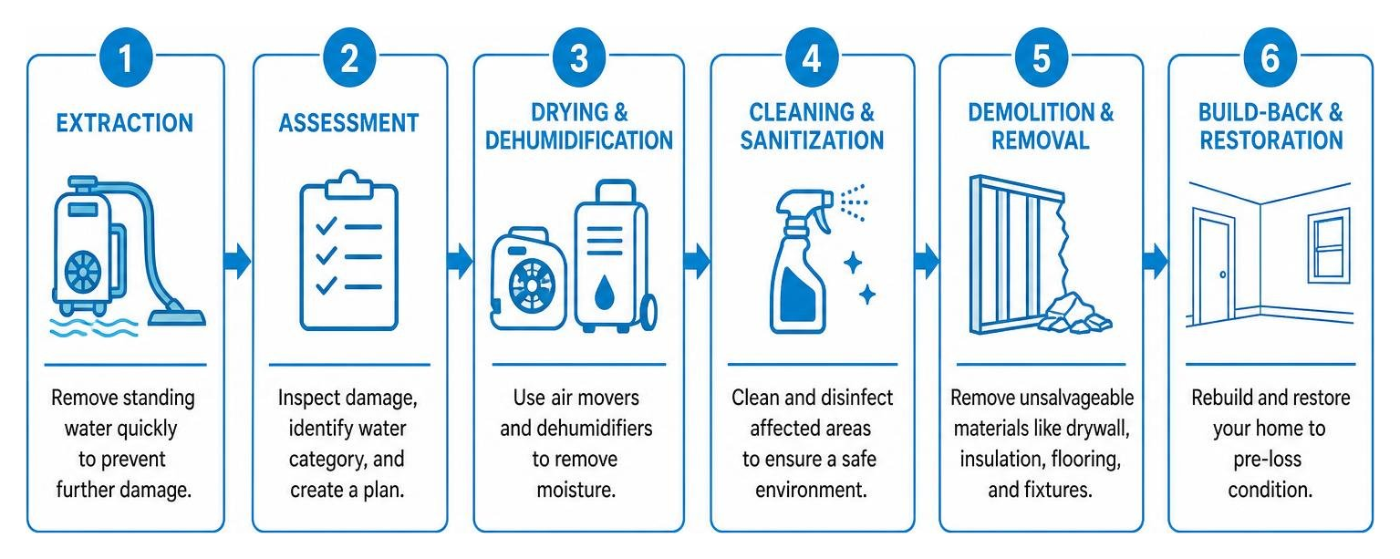 A step-by-step diagram of the flood solar process from extraction to build-back A step-by-step diagram of the flood solar process from extraction to build-back
