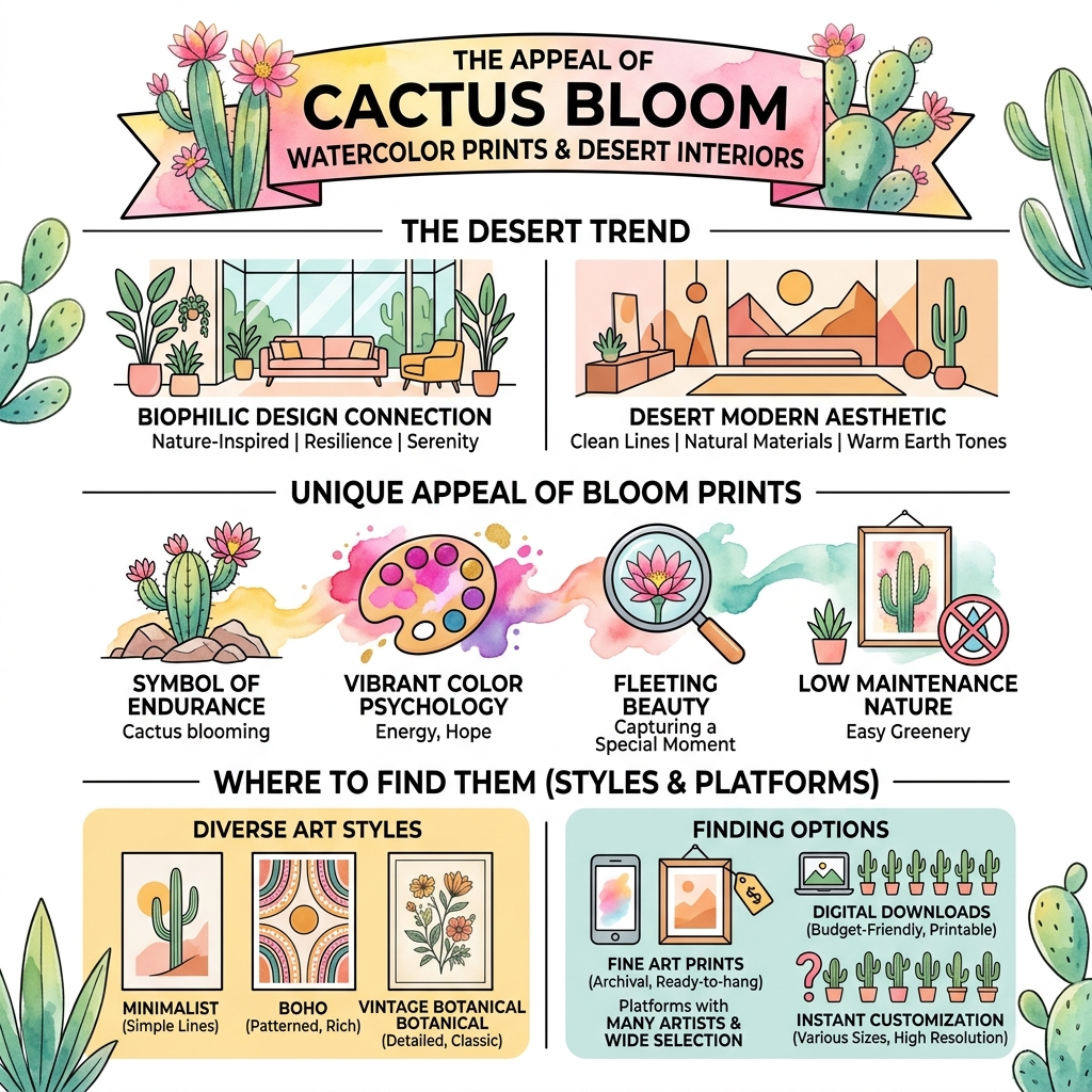 Popularity of desert-themed interiors and cactus bloom watercolor print styles and platforms - cactus bloom watercolor