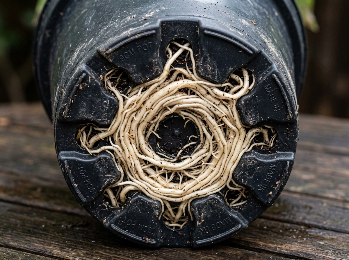 roots spiraling at the bottom of a nursery pot indicating a root-bound plant - repotting indoor plants safely roots spiraling at the bottom of a nursery pot indicating a root-bound plant - repotting indoor plants safely