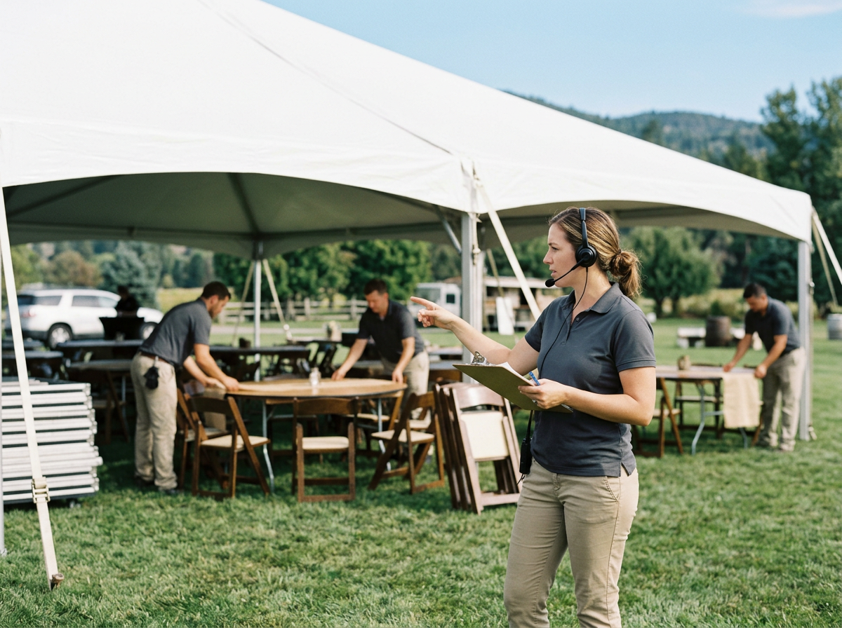 event coordinator managing setup at an outdoor event venue