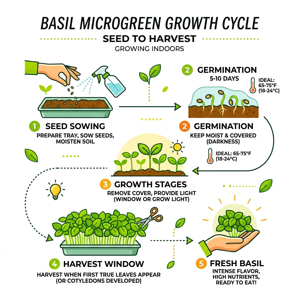 Basil microgreen growth cycle from seed to harvest — germination, growth stages, and harvest window - basil microgreens Basil microgreen growth cycle from seed to harvest — germination, growth stages, and harvest window - basil microgreens