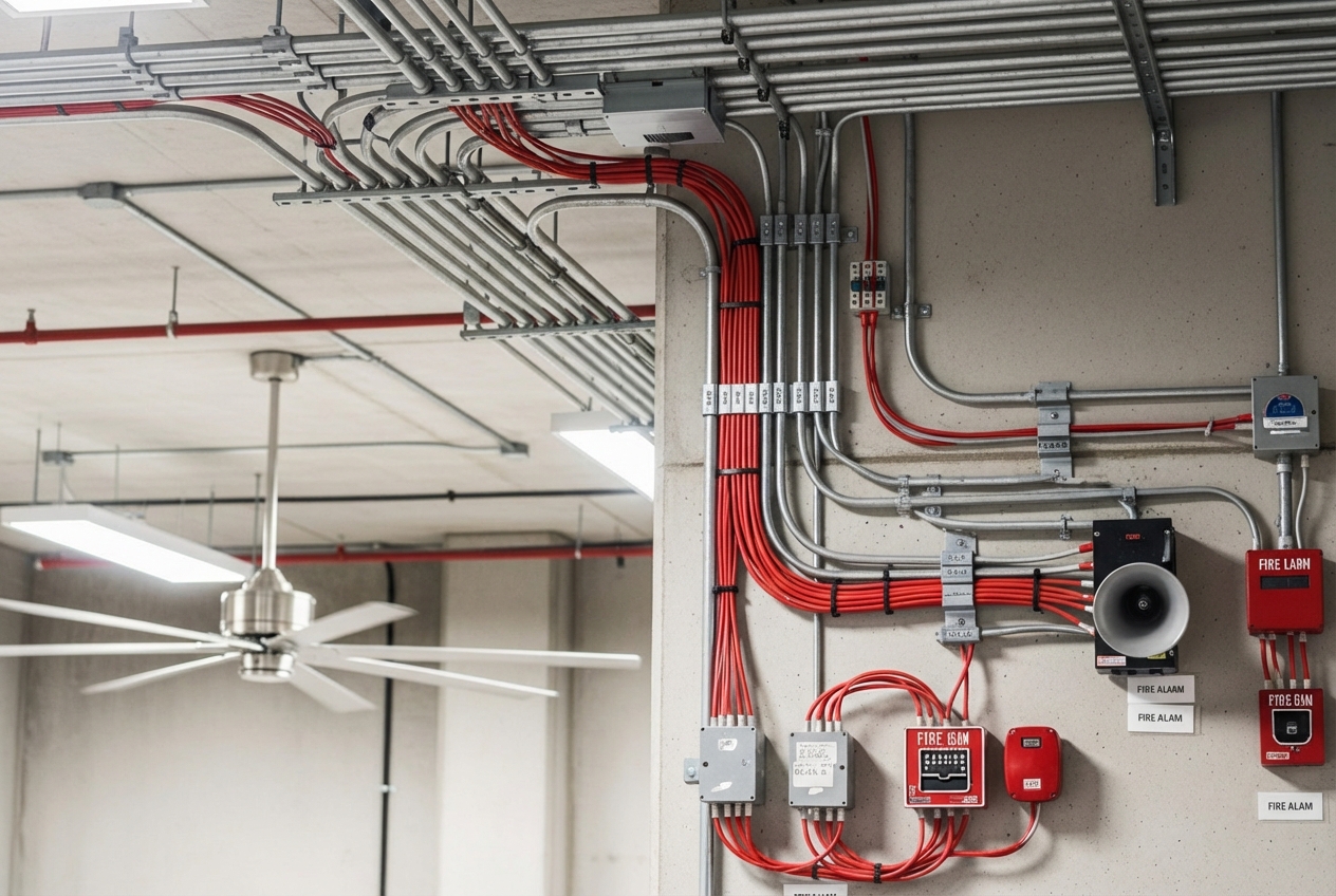 complex wiring setup for a commercial fire alarm system in a building with a ceiling fan visible in the background - Fire alarm installation cost