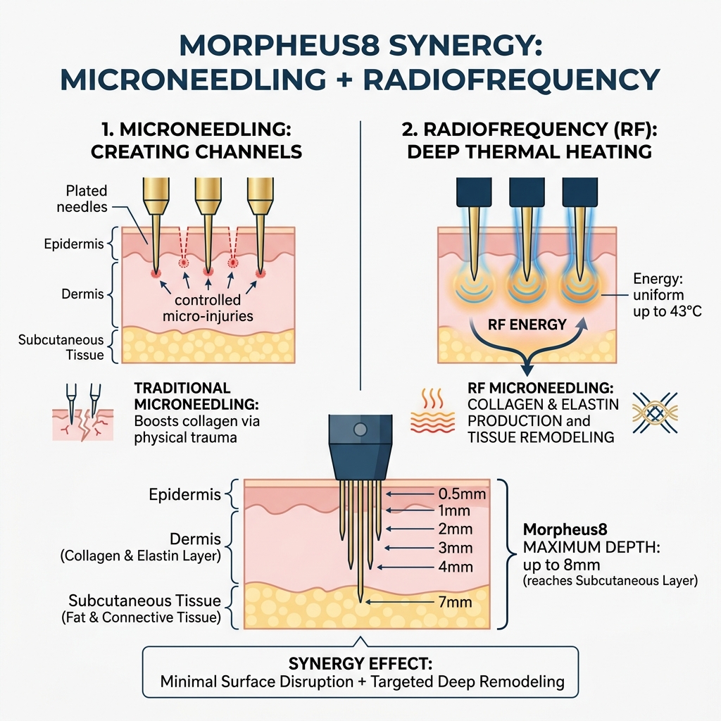 Morpheus8 microneedling and radiofrequency synergy infographic showing skin layers and treatment depth - Morpheus8 skin