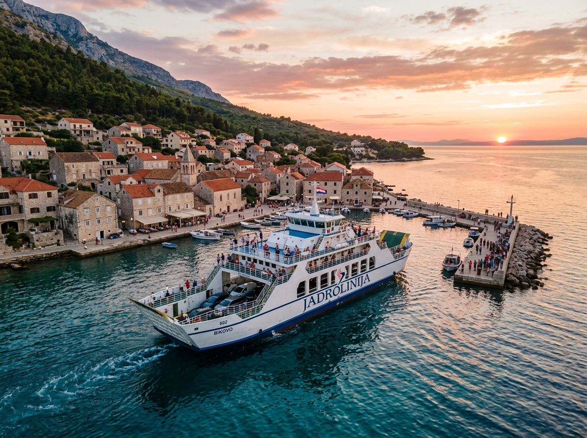 a public ferry departing from a small stone village harbor at sunset - budget Croatia secret islands