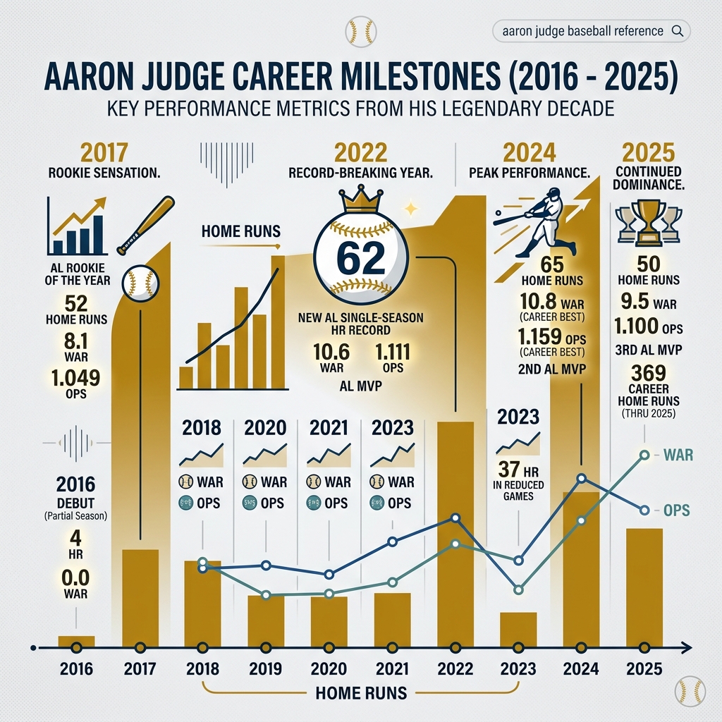 Aaron Judge career milestones infographic from 2016 to 2025 showing HR totals WAR OPS and MVP awards - aaron judge baseball Aaron Judge career milestones infographic from 2016 to 2025 showing HR totals WAR OPS and MVP awards - aaron judge baseball