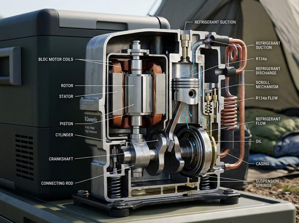 High-efficiency DC compressor internal components - solar powered camping fridge