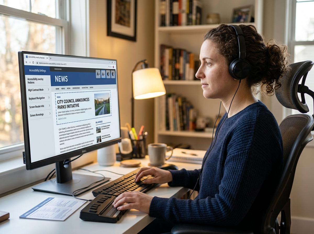 A person using a screen reader to navigate a website with various accessibility overlays visible - page specific wcag fixes A person using a screen reader to navigate a website with various accessibility overlays visible - page specific wcag fixes