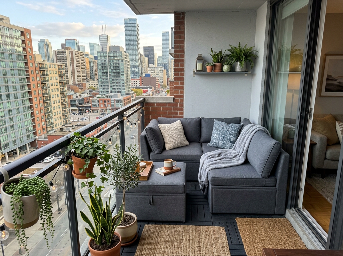 A small balcony featuring a compact modular sectional and a storage ottoman - small balcony furniture ideas