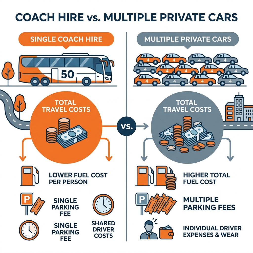 Infographic showing the cost-effectiveness of coach hire compared to multiple private cars, including fuel and parking