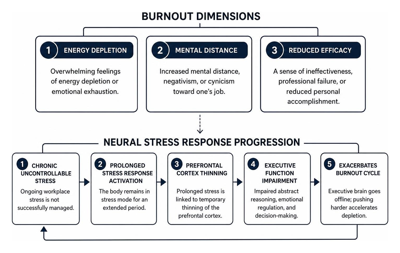 Diagram of burnout dimensions and neural stress response progression Diagram of burnout dimensions and neural stress response progression
