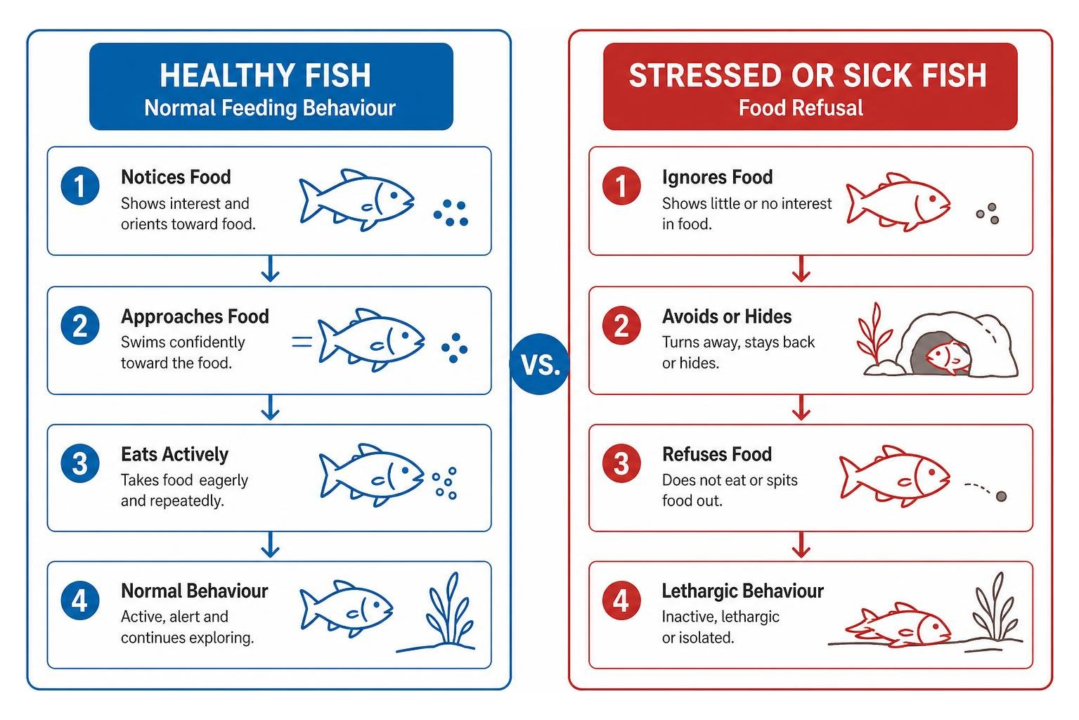 Comparison of healthy fish feeding behaviour versus stressed or sick fish food refusal