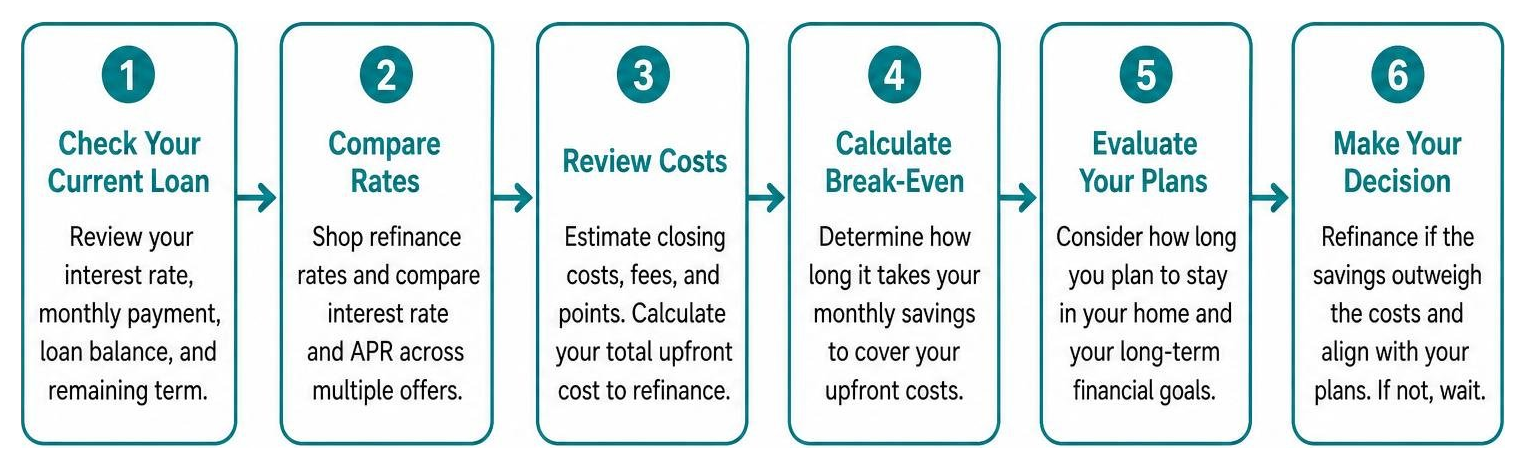 Framework diagram showing the step-by-step decision process for refinancing