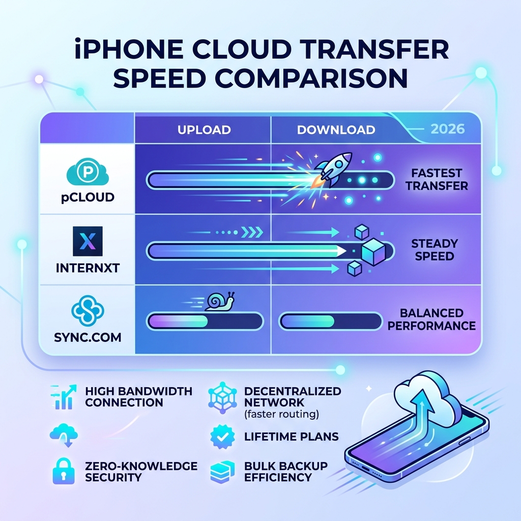 Comparison table of cloud transfer speeds for iPhone showing pCloud, Internxt, and Sync.com - fastest cloud sync iphone