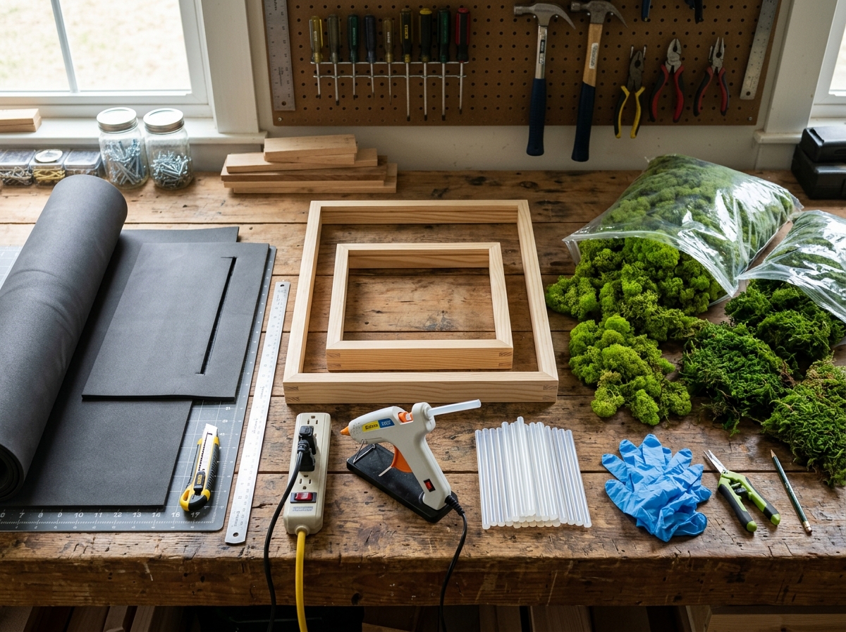 Tools and materials for building a moss wall including wood frames, moss, and glue - diy living moss wall art Tools and materials for building a moss wall including wood frames, moss, and glue - diy living moss wall art