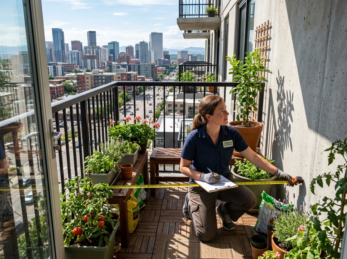 gardener measuring balcony dimensions and checking sun patterns - design a balcony garden