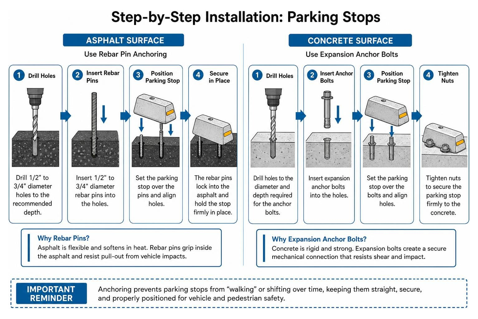 Step by step installation diagram for securing parking stops onto asphalt versus concrete Step by step installation diagram for securing parking stops onto asphalt versus concrete